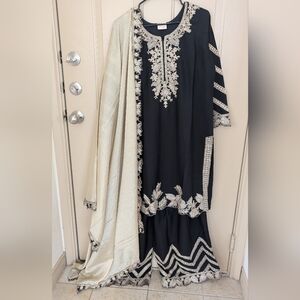 Elegant Black and Cream Embroidered Fabric Set
